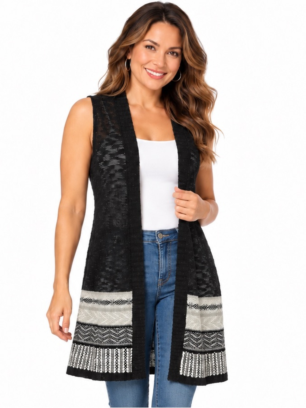 New Directions Cardigan Size S Black Gray Long Open Front Knit Vest NWT